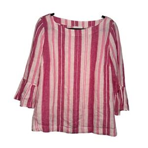 Charter Club 100%‎ Linen Pink Women's M Top Blouse Ruffle Stripes Coastal Spring